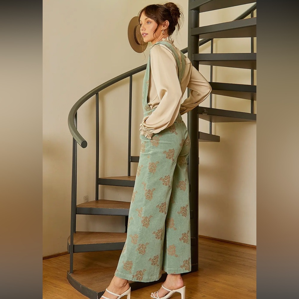 Seaforam green Christmas holiday embroidered flare wide leg jumpsuit overalls - Picture 5 of 9